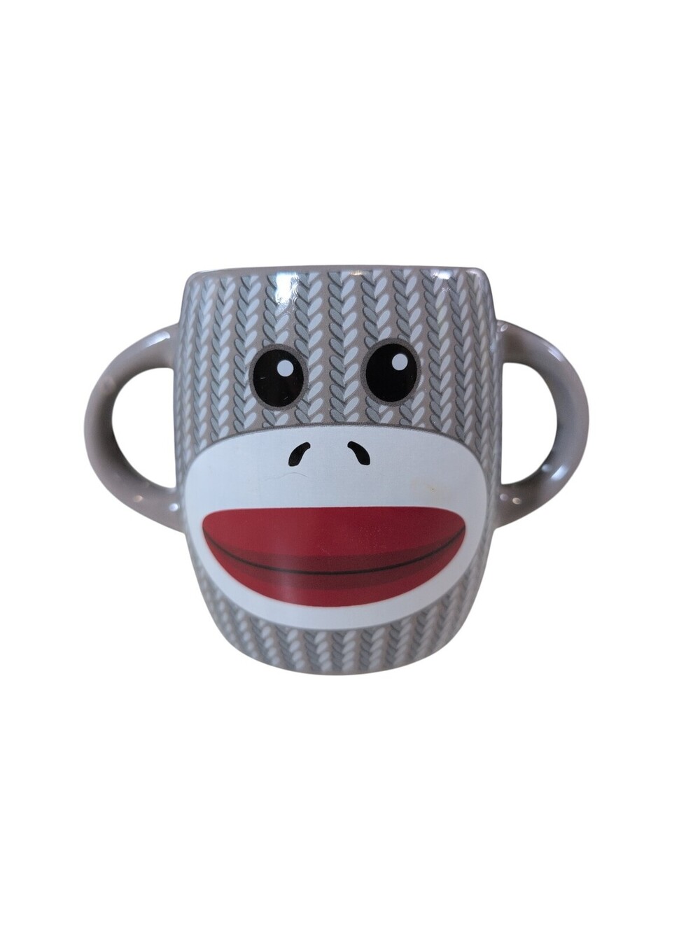 Gallerie Gray Sock Monkey Mug 4"  2 Ear Double Handle Coffee Cup 14oz